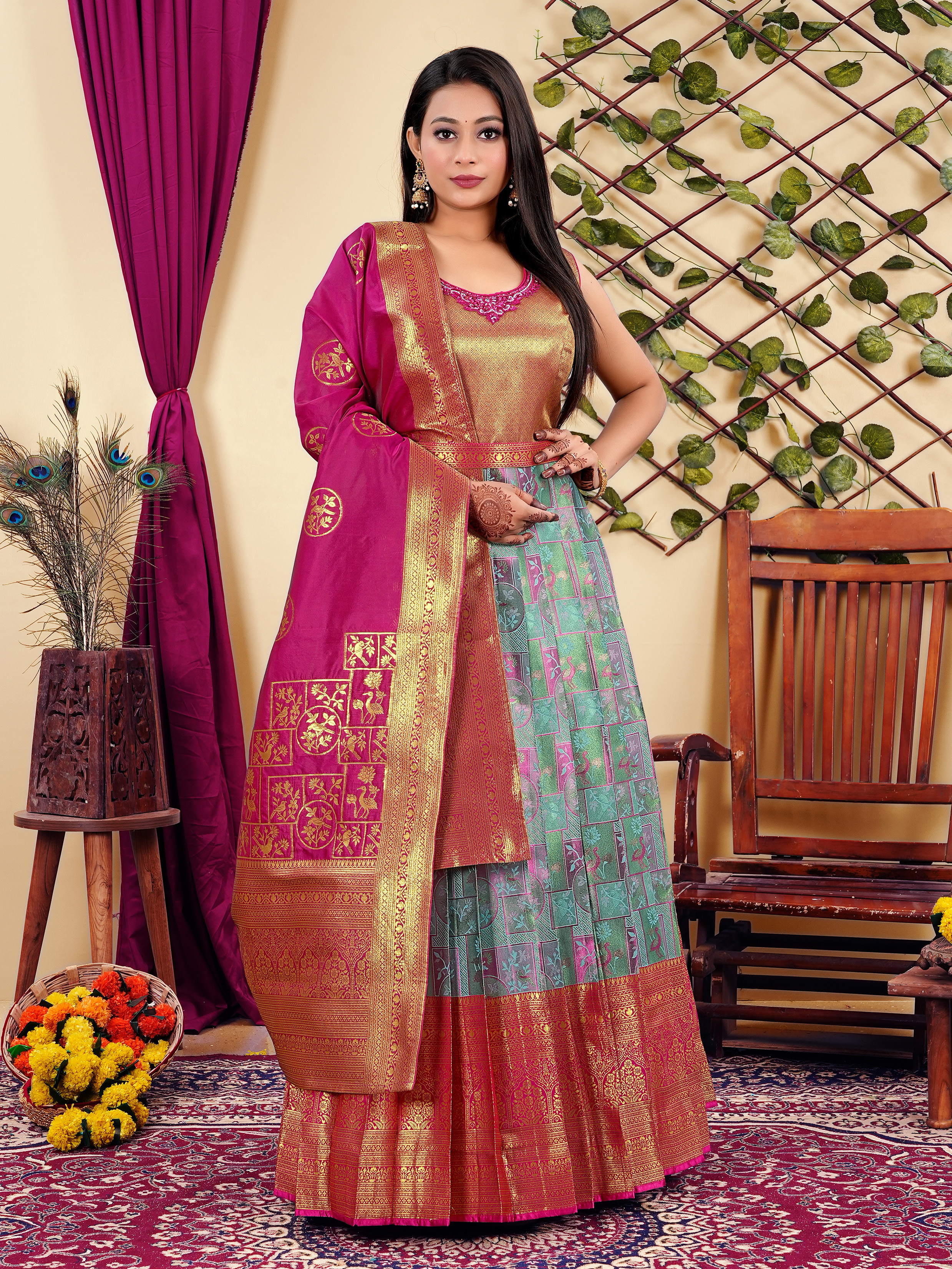 Elegant Sea Green Banarasi Silk Gown with Rich Zari Detailing