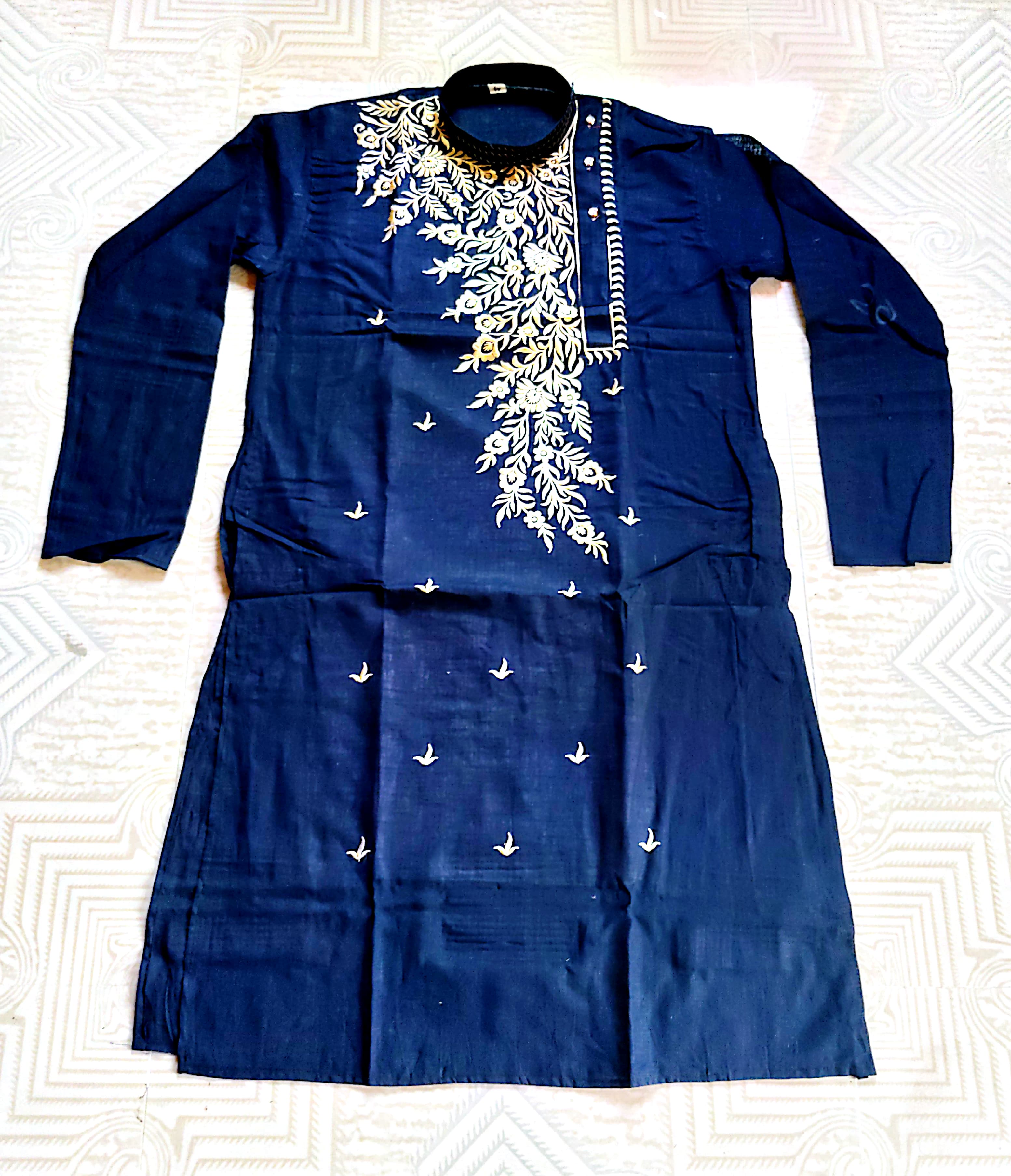 Navy Blue Cotton Embroidered Kurta