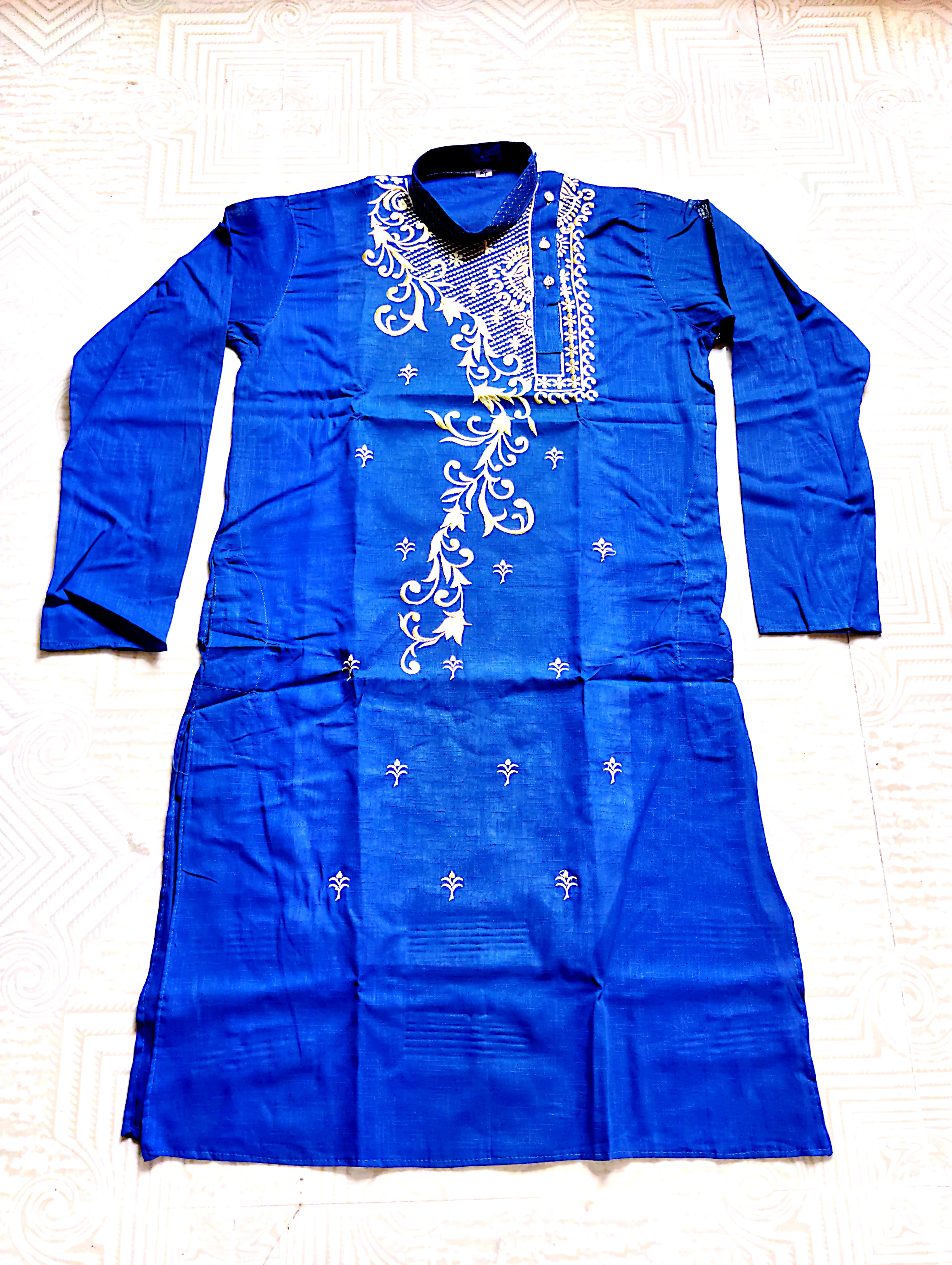 Royal Blue Cotton Kurta with White Embroidery