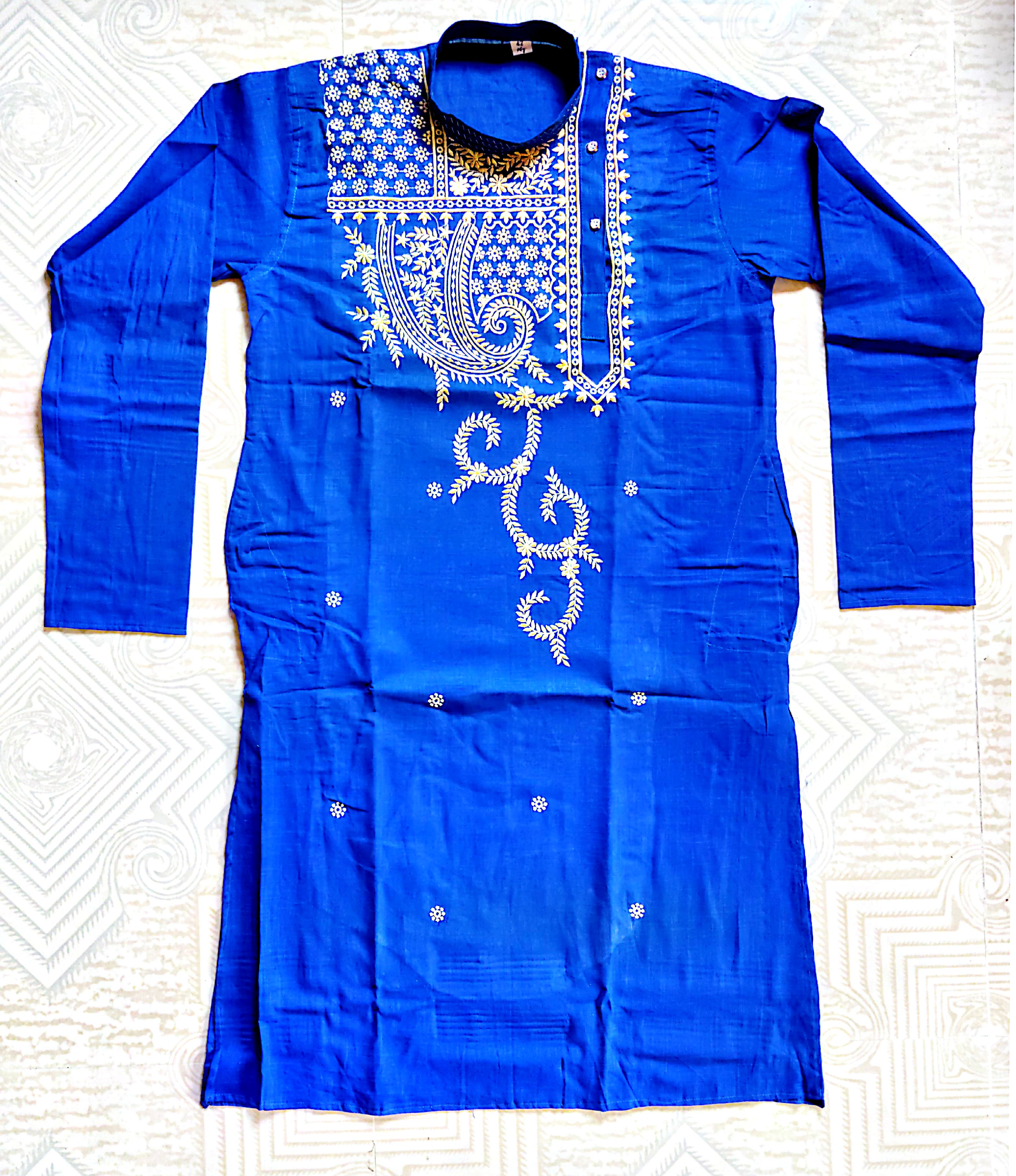 Bright Blue Embroidered Cotton Kurta