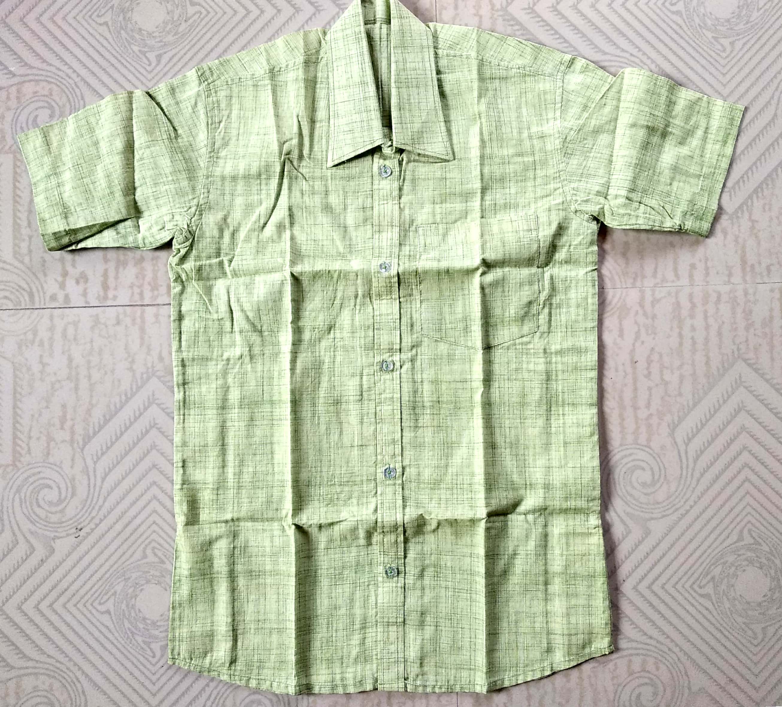 Light Green Textured Cotton Short Sleeve Shirt 