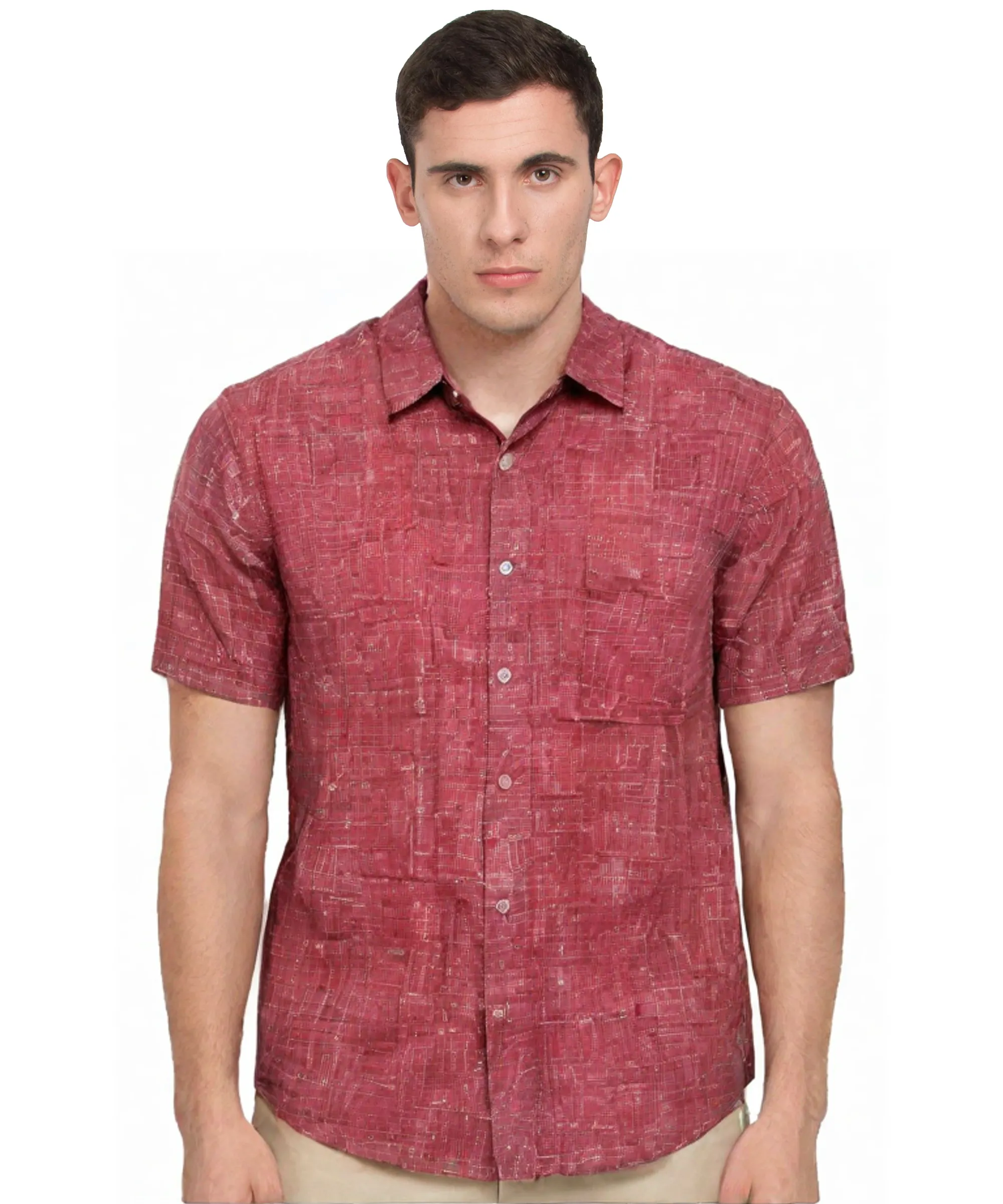 Maroon Textured Cotton Short Sleeve Shirt